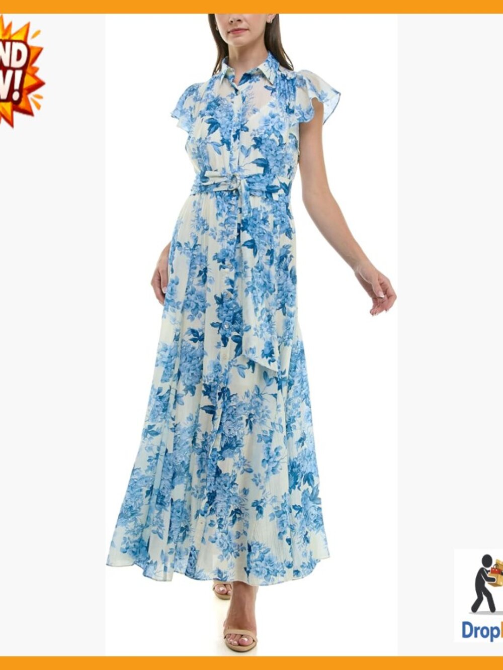 Floral Flutter Sleeve Button Down Maxi Dress Elegant Classic Boho Chic Waist Tie